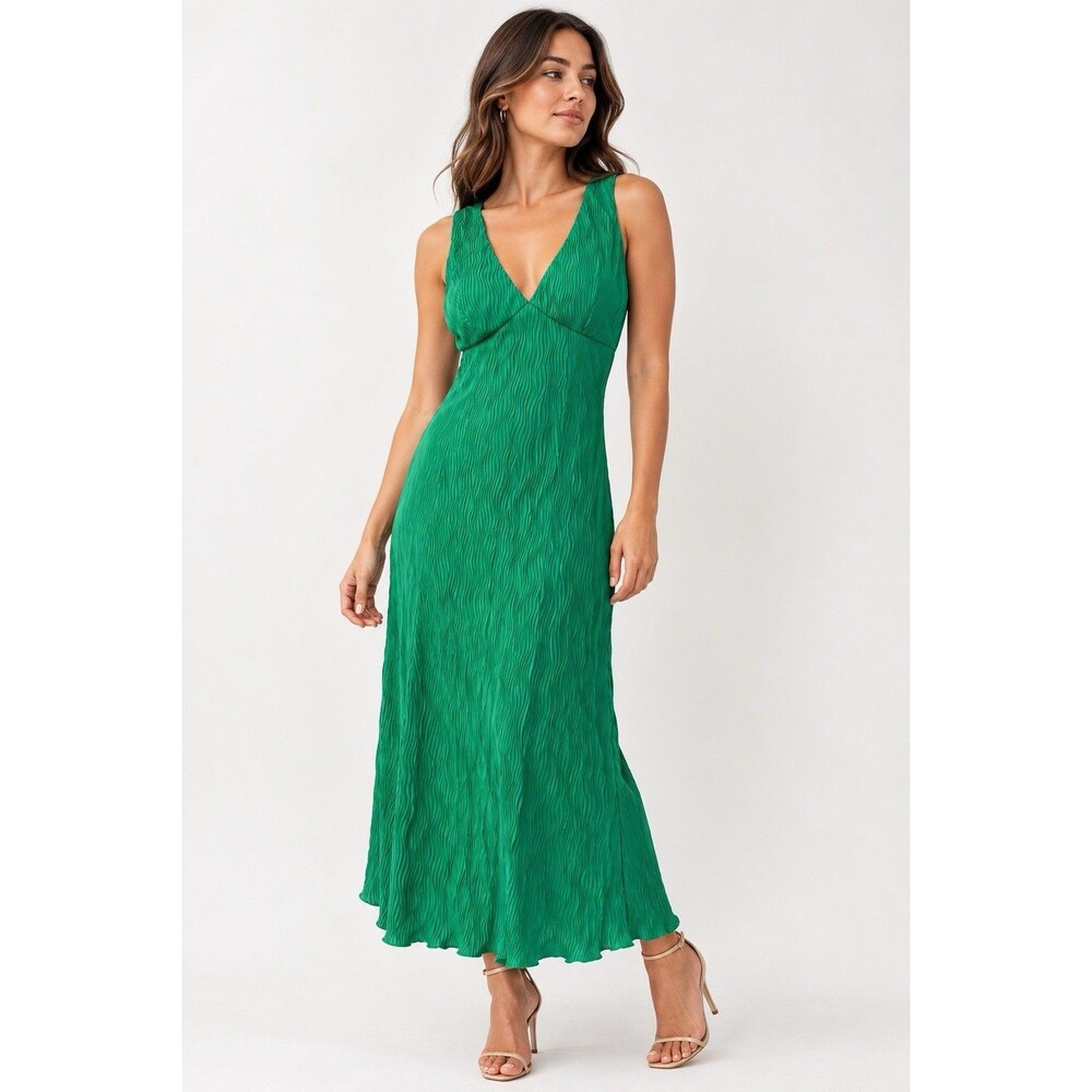 Le Lis Collection Green Pleated Maxi Dress Sleeveless V-Neck Y2K Size M